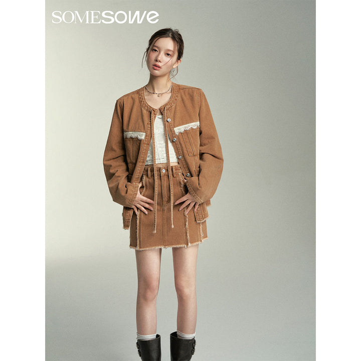 SomeSowe Lace Patchwork Denim Jacket Brown