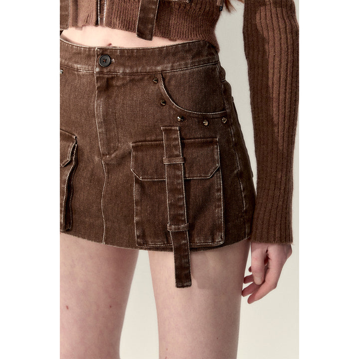 Via Pitti Washed Denim Cargo Skirt Shorts Brown - Mores Studio