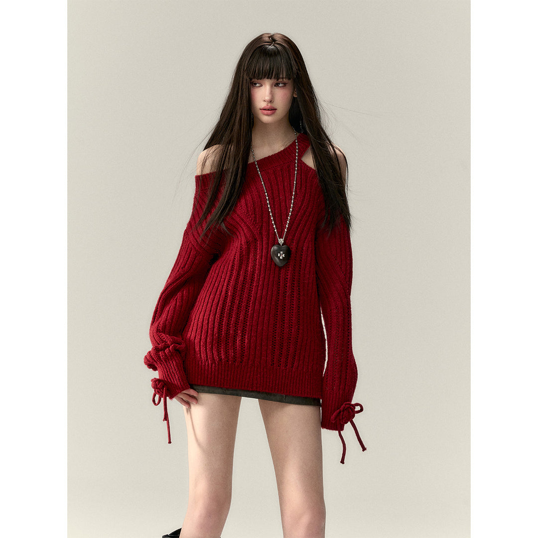 Via Pitti Rose Bow Irregular Collar Two-Way Sweater Red