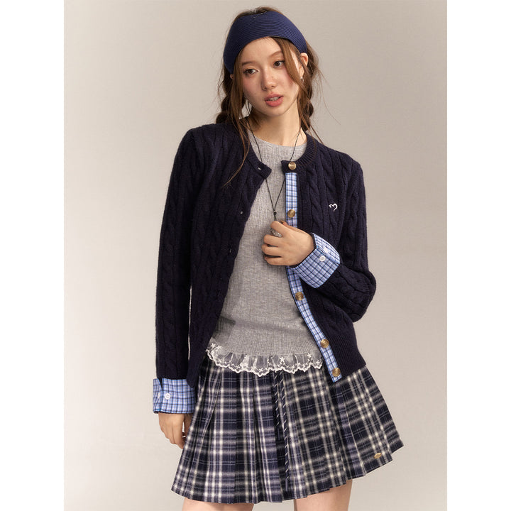 AsGony Blended Woolen Plaid Patchwork Knit Cardigan Navy Blue