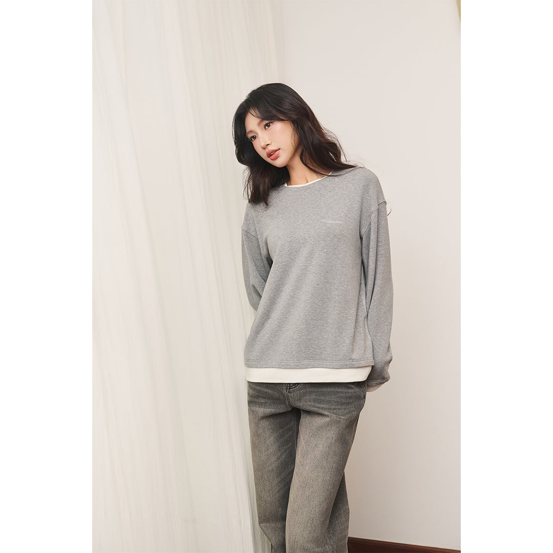 Three Quarters Fake-2-Piece Mousse Cashmere Loose Top Gray