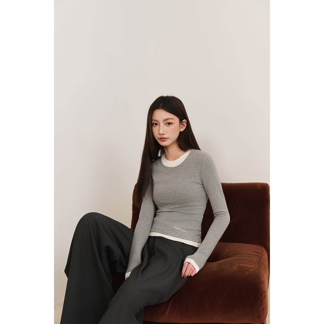 Three Quarters Hotfix Logo Fake-2-Piece Mousse Cashmere Top Gray