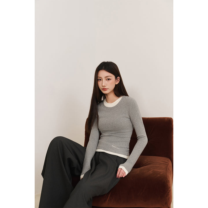 Three Quarters Hotfix Logo Fake-2-Piece Mousse Cashmere Top Gray