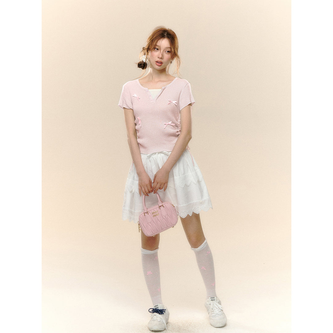 AsGony Fake-2-Piece Bow Tie Drawstring Knit Top Pink