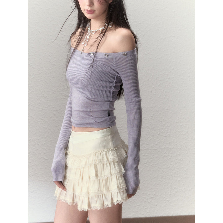 Via Pitti Bow-Knot Pin Off Shoulder Knit Top Purple