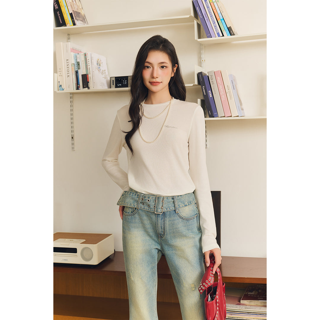 Three Quarters Hotfix Logo Tencel Wool Top White