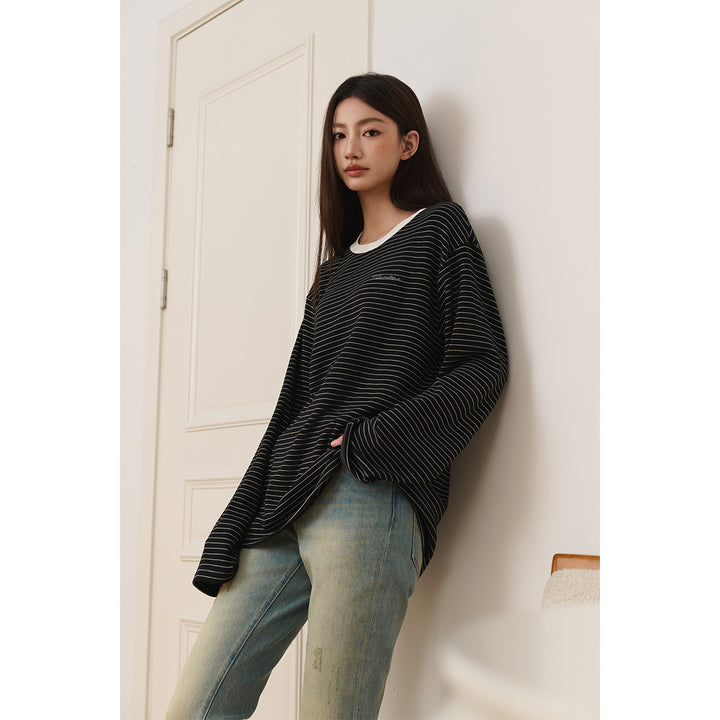 Three Quarters Hotfix Logo Striped Mousse Cashmere L/S Tee Black