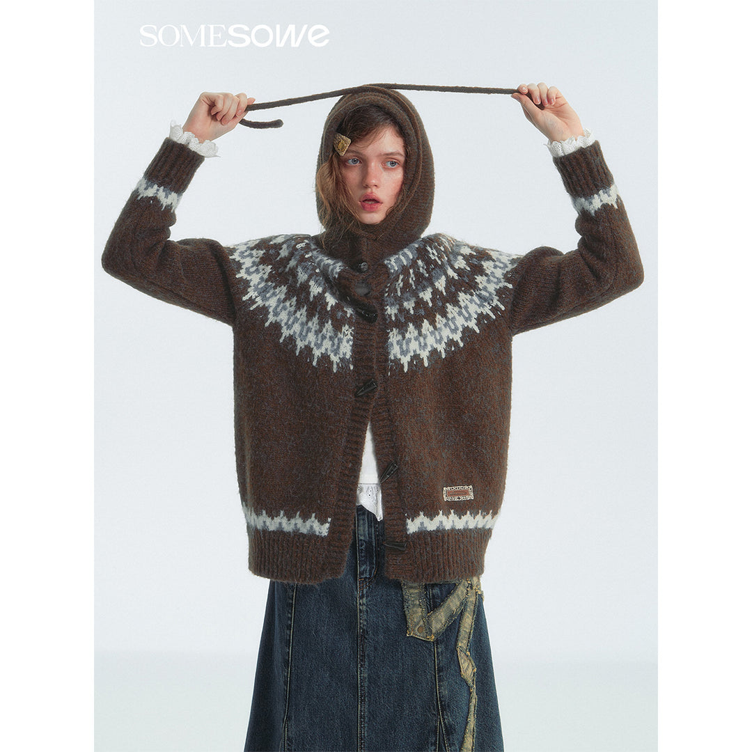 SomeSowe Fair Isle Hooded Knit Cardigan Brown