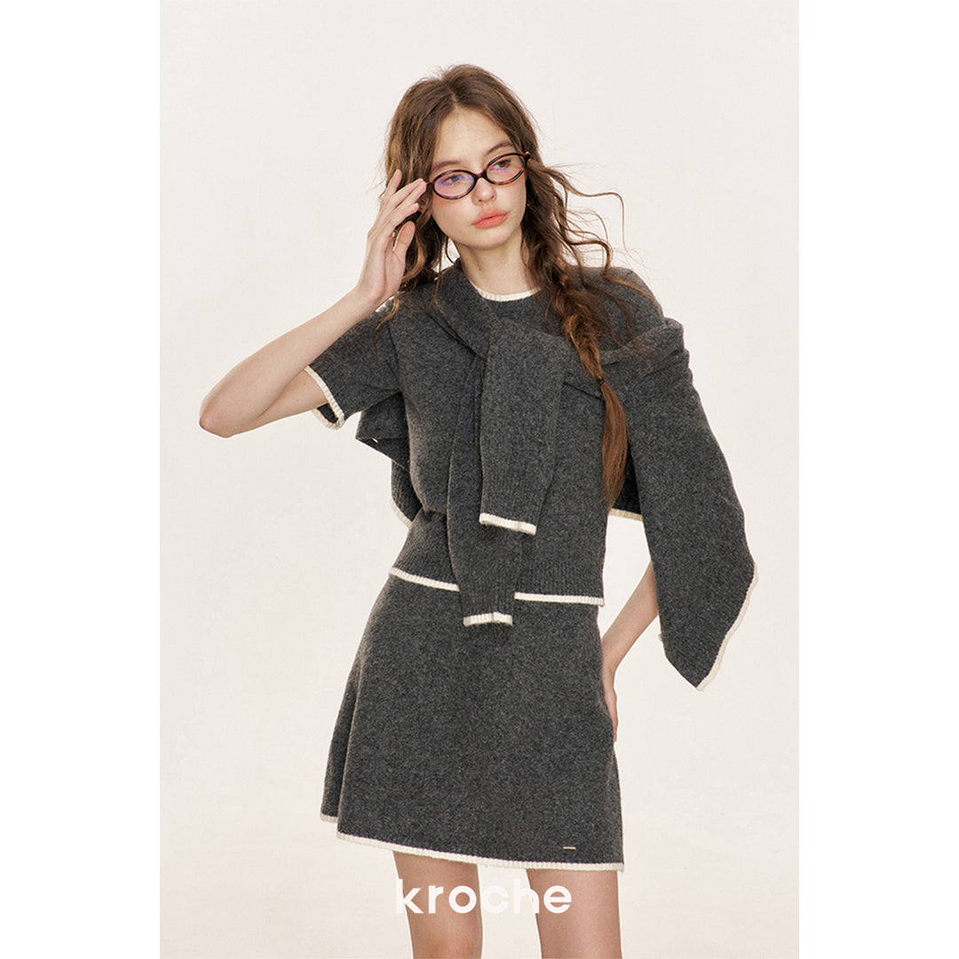 Kroche Color Blocked Edge Woolen Skirt Gray