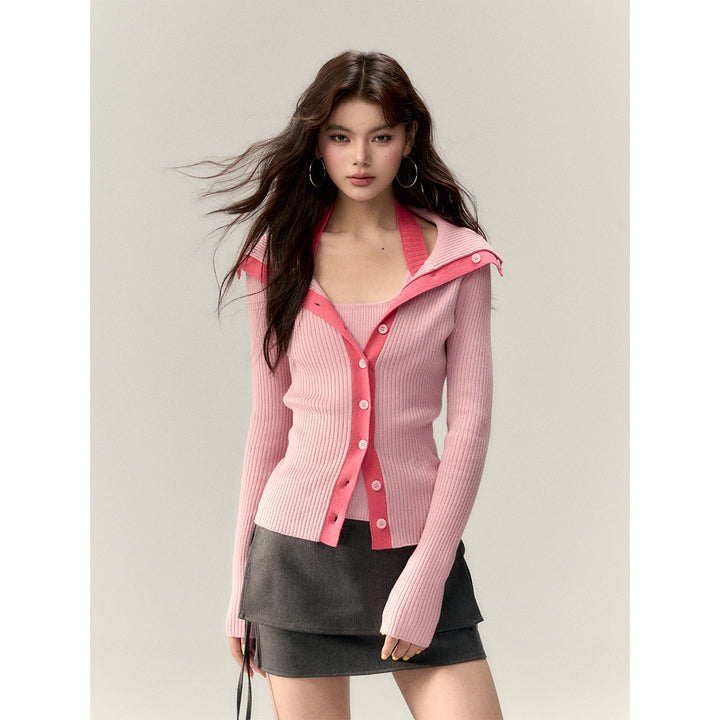 Via Pitti Color Blocked Big Lapel Knit Slim Cardigan Pink