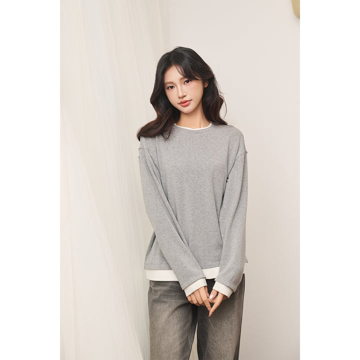 Three Quarters Fake-2-Piece Mousse Cashmere Loose Top Gray