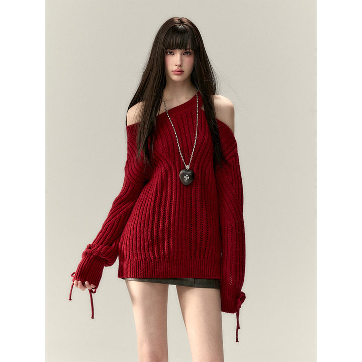 Via Pitti Rose Bow Irregular Collar Two-Way Sweater Red