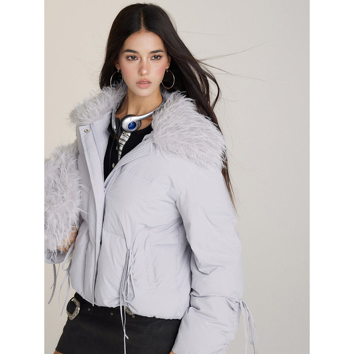 Via Pitti Bow Drawstring Fur Collar Down Jacket Light Gray