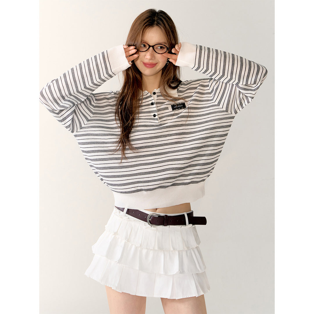 AsGony Contrast Color Striped L/S Polo T-Shirt