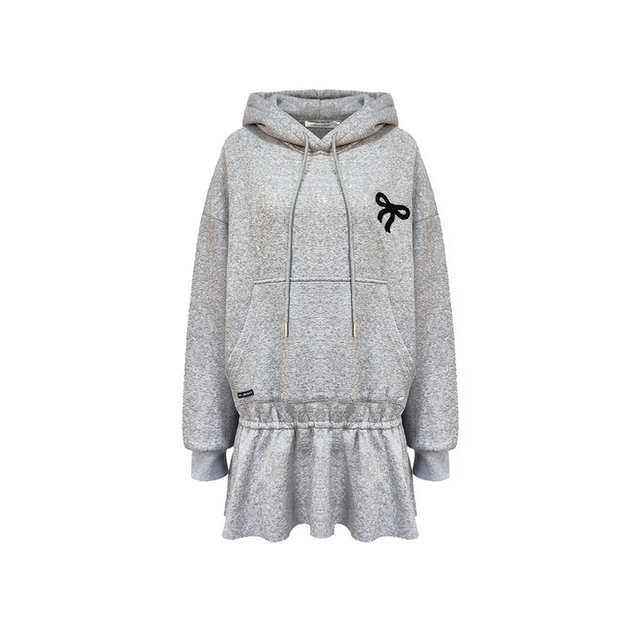 AsGony Bow Tie Hooded Waisting Sweat Dress Gray