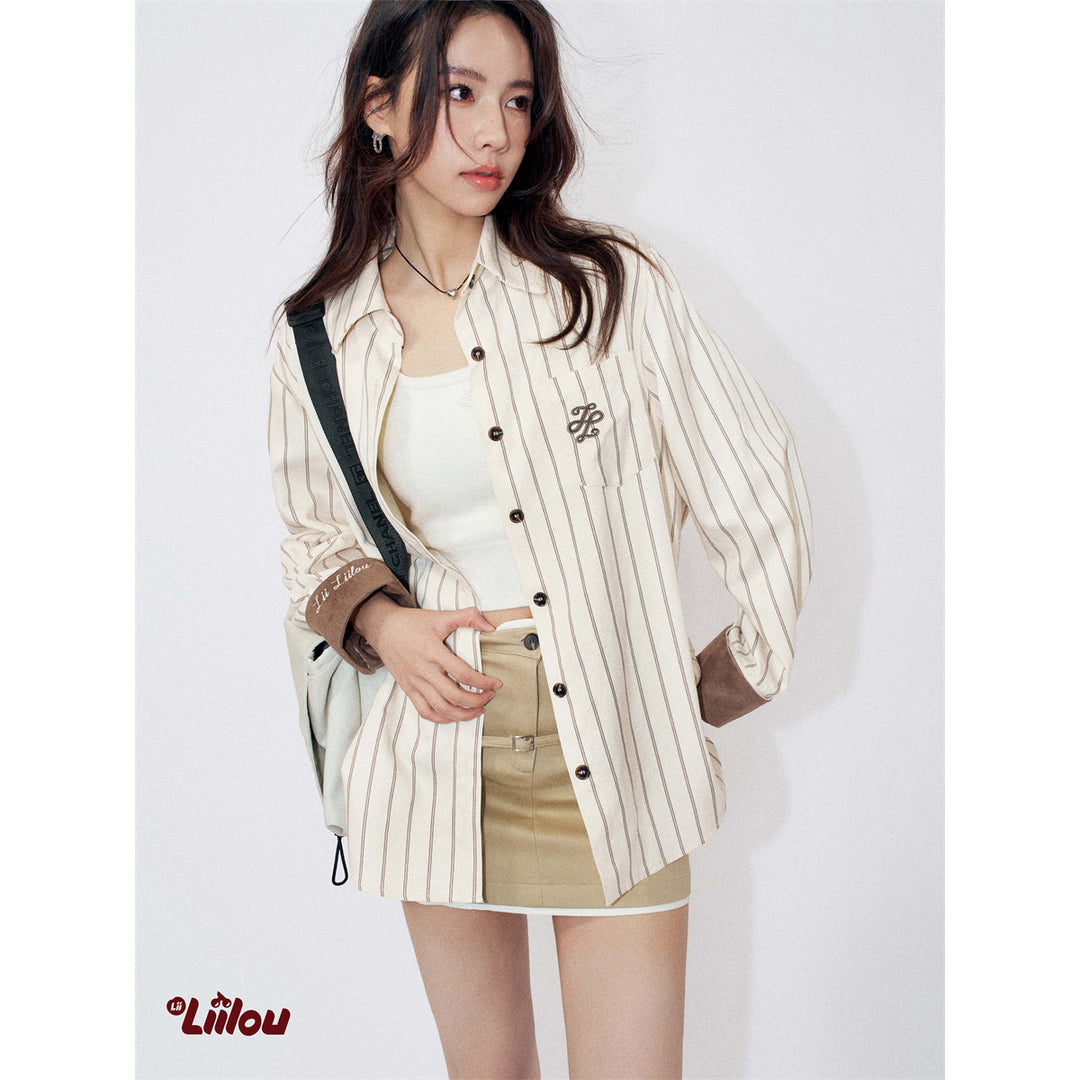 Liilou Suede Patchwork Striped Casual Shirt