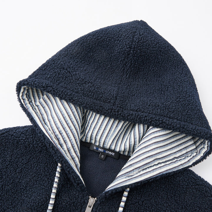 SomeSowe Color Blocked Striped Hooded Fleece Jacket Navy Blue