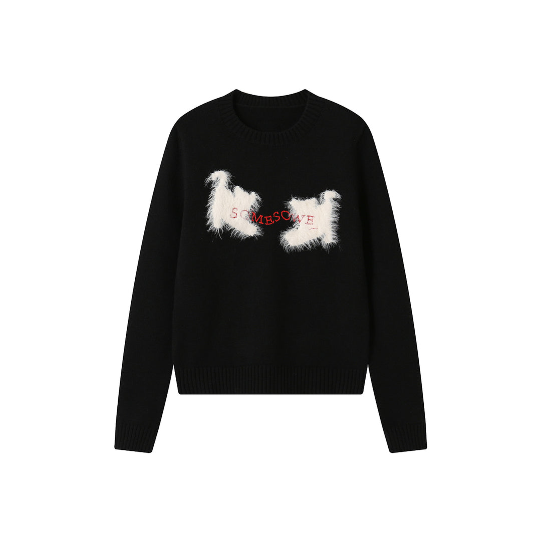 SomeSowe Logo Cat Contrast Round-Neck Knit Sweater Black - Mores Studio