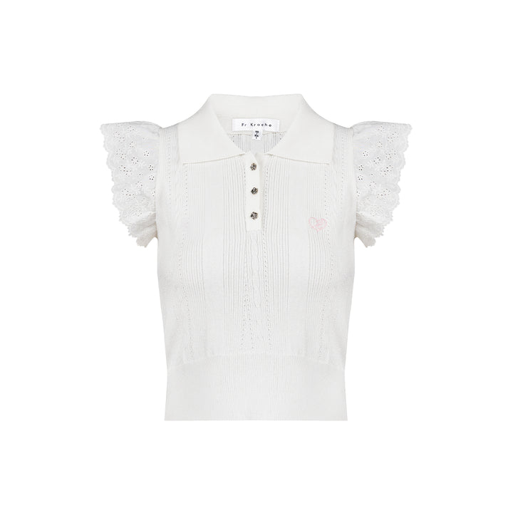 Kroche Lace Patchwork Embroidery Knit Top White