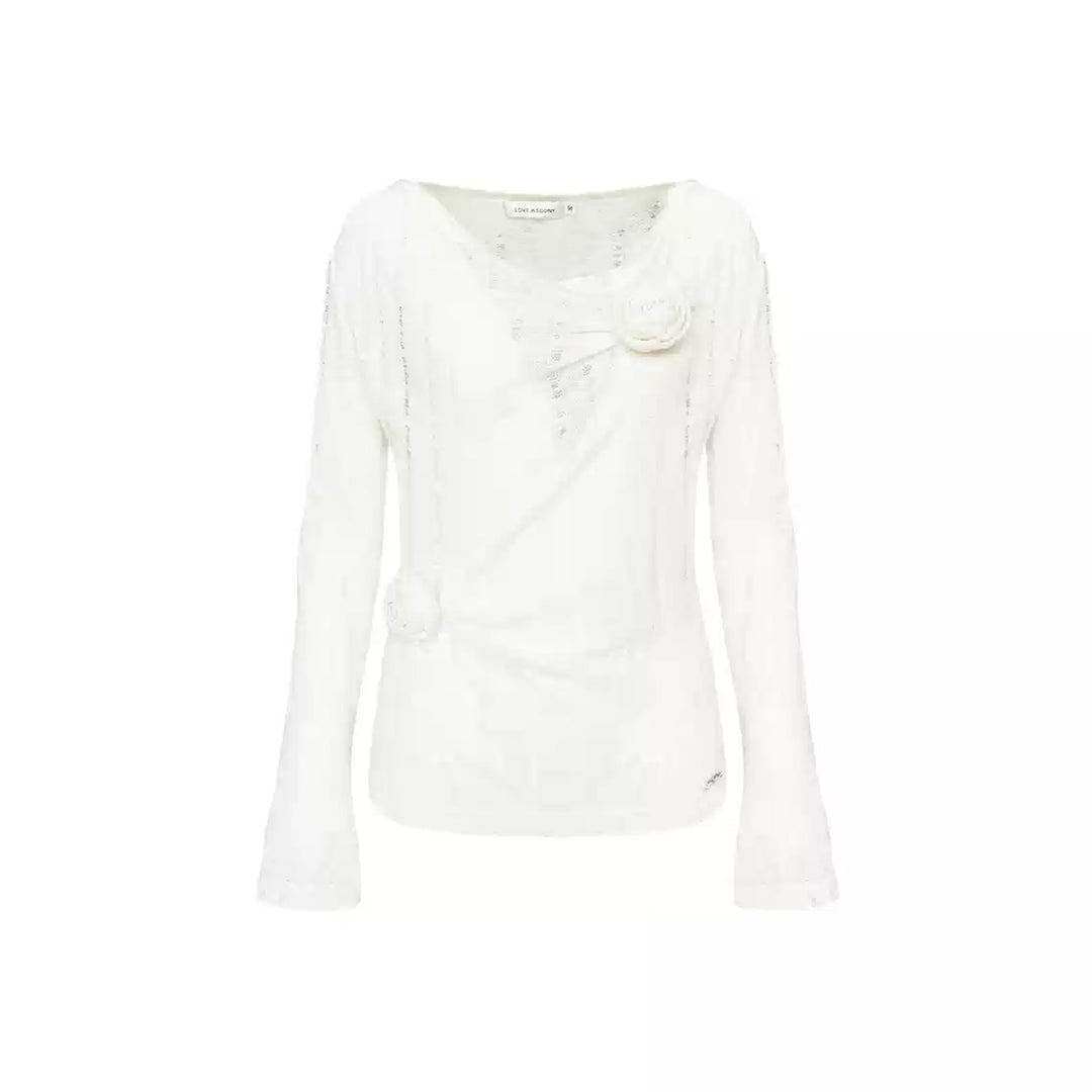 AsGony 3D Flower Hollow Cutting Knit Top White