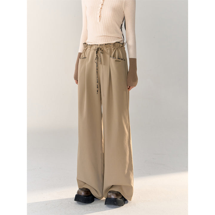 AsGony Leopard Elastic Drawstring Wide-Leg Pants