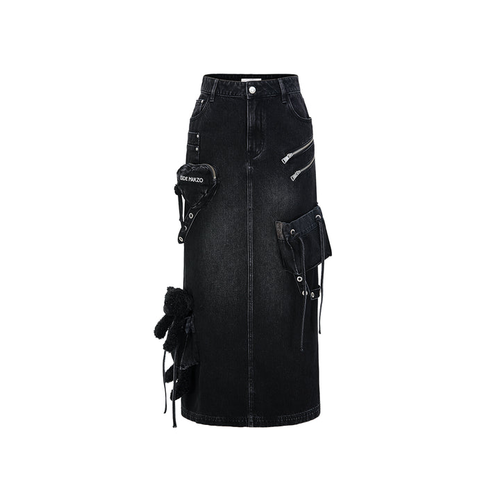 13De Marzo Bear Zipper Denim Cargo Long Skirt Black