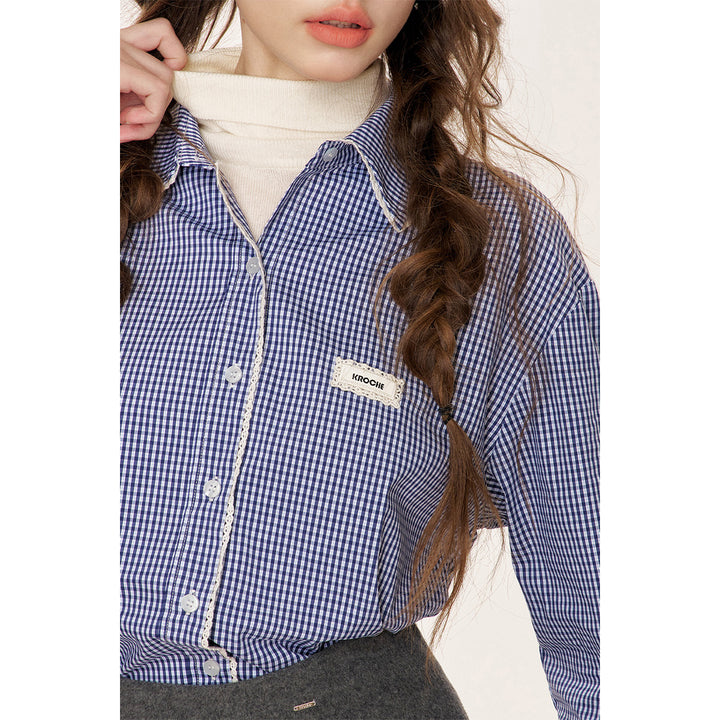 Kroche Lace Edge Plaid Casual Shirt Blue