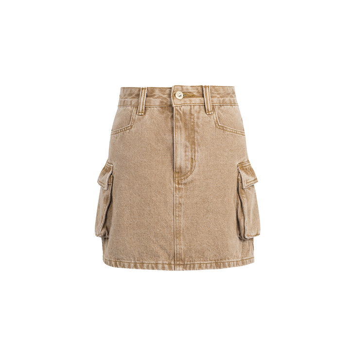 Three Quarters Cargo Pocket Denim Skirt Khaki - Mores Studio