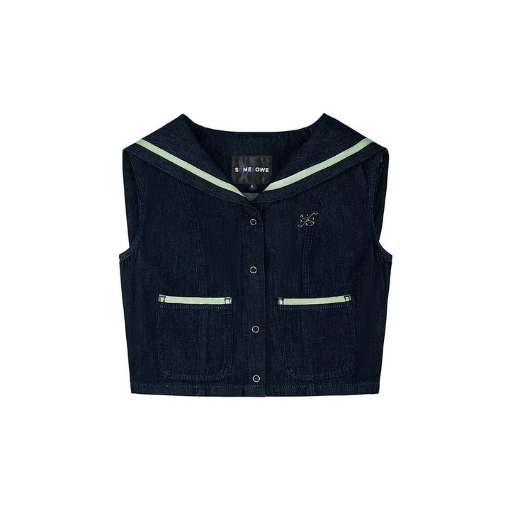 SomeSowe Contrast Color Sailor Collar Denim Top