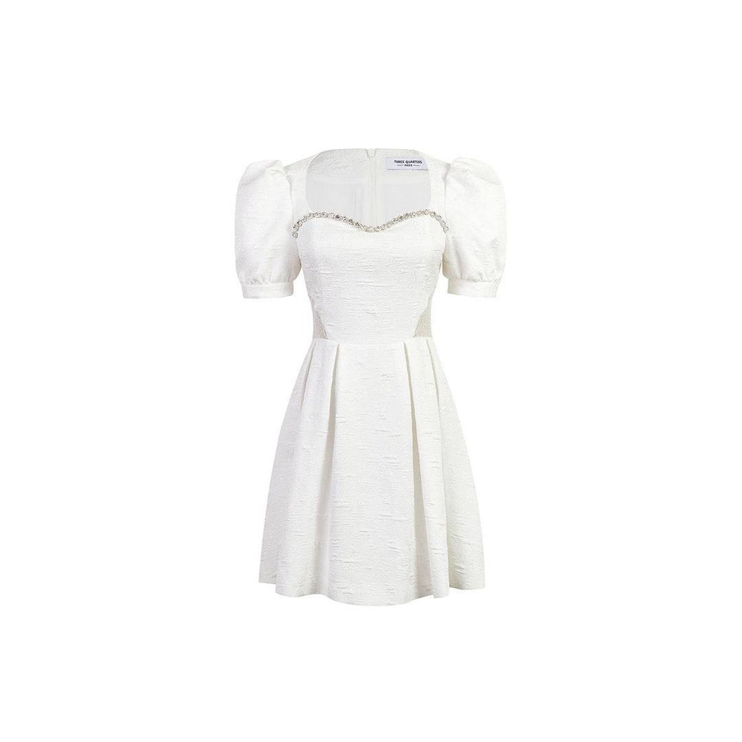 Three Quarters Rhinestone Chain Jacquard Dress White - Mores Studio