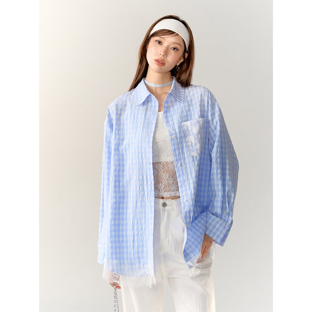 AsGony Lace Patchwork Embroidery Plaid Shirt Blue