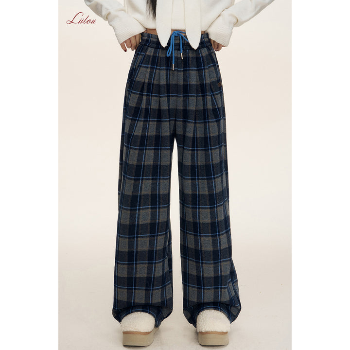 Liilou Contrast Color Plaid Tweed Thicken Casual Pants