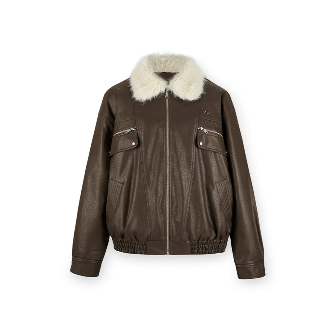 NotAwear Vintage Fur Collar Leather Jacket Khaki - Mores Studio