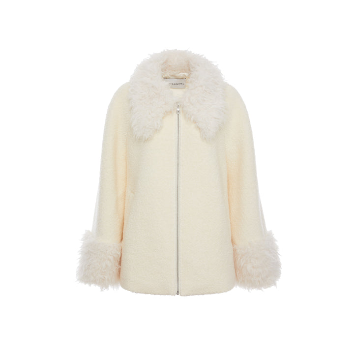 Rocha Roma Fluffy Patchwork Tweed Woolen Jacket White