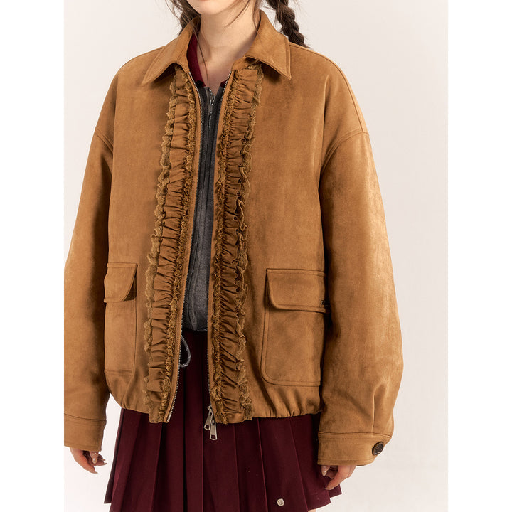 AsGony Lace Stringy Suede Down Jacket Brown