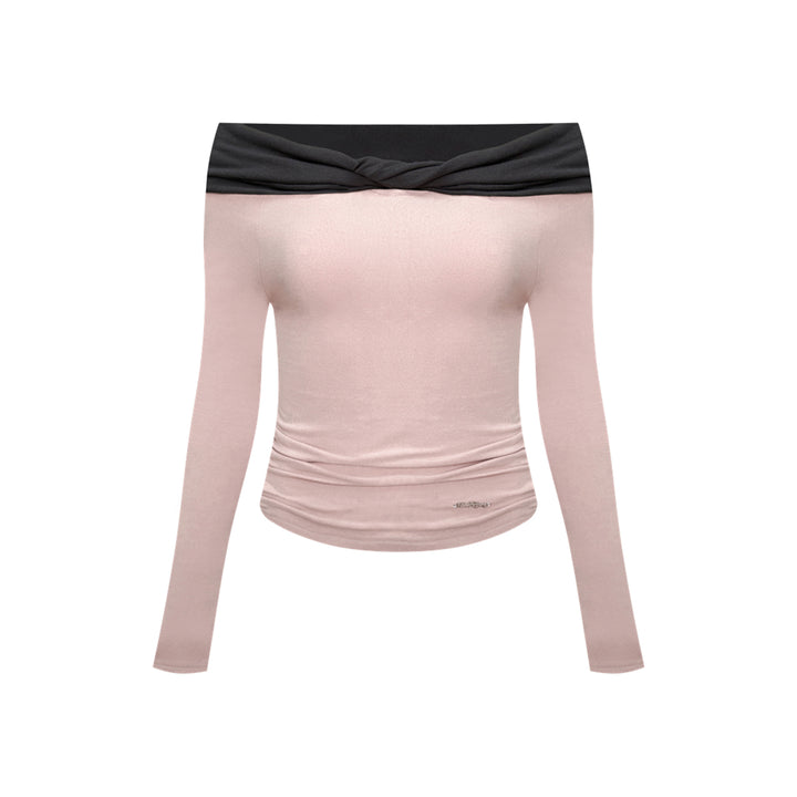AsGony Contrast Off Shoulder Long-Sleeved Top Pink