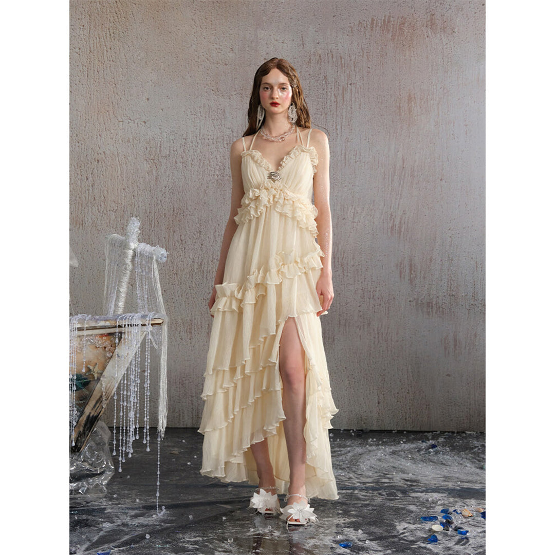Arte Pura Lace Halterneck Long Dress Beige