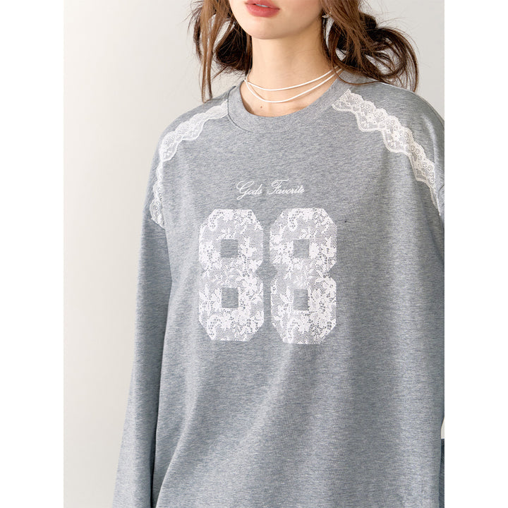 AsGony Retro Lace Patchwork L/S T-Shirt Gray