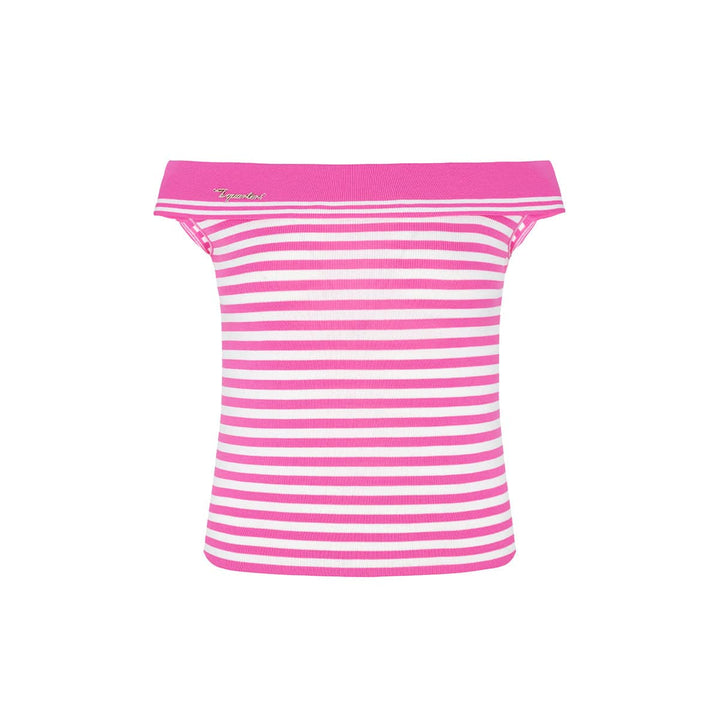 Three Quarters Striped Off-Shoulder Knit Top Pink - Mores Studio