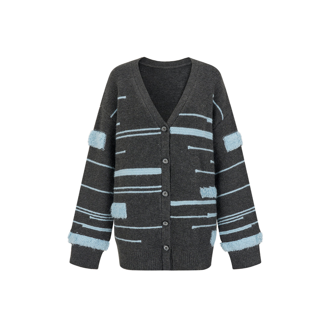 Via Pitti Color Blocked Striped V-Neck Knit Cardigan Dark Gray