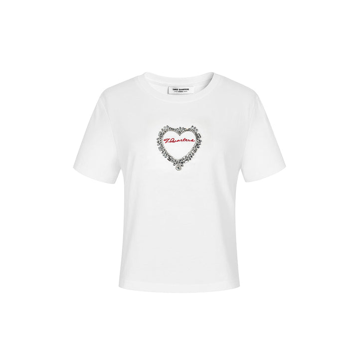 Three Quarters Logo Embroidery Rhinestone Heart Tee White - GirlFork