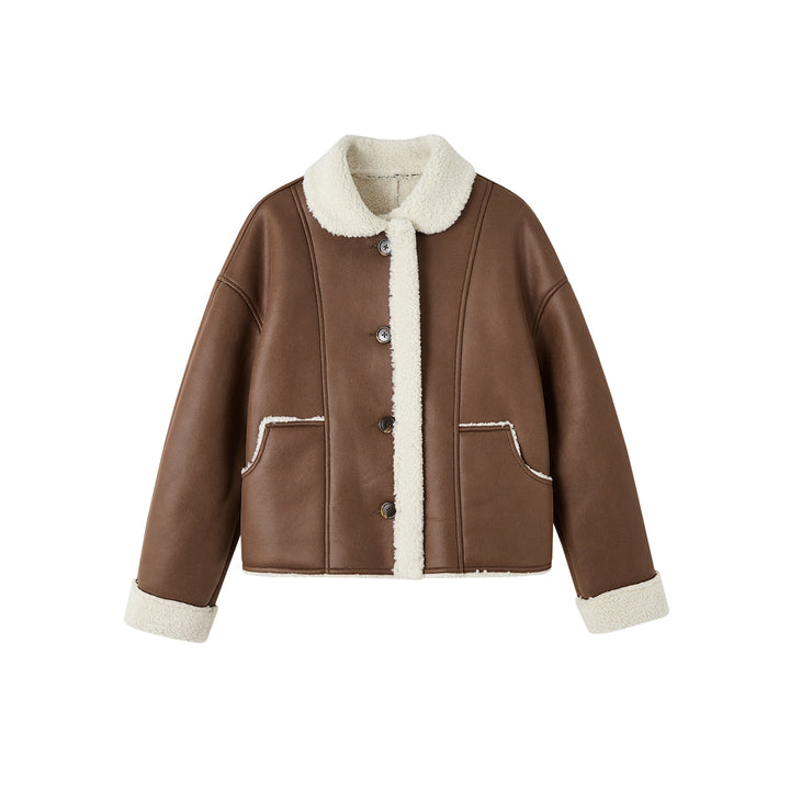 SomeSowe Lapel Leather Integrated Furry Short Jacket Brown