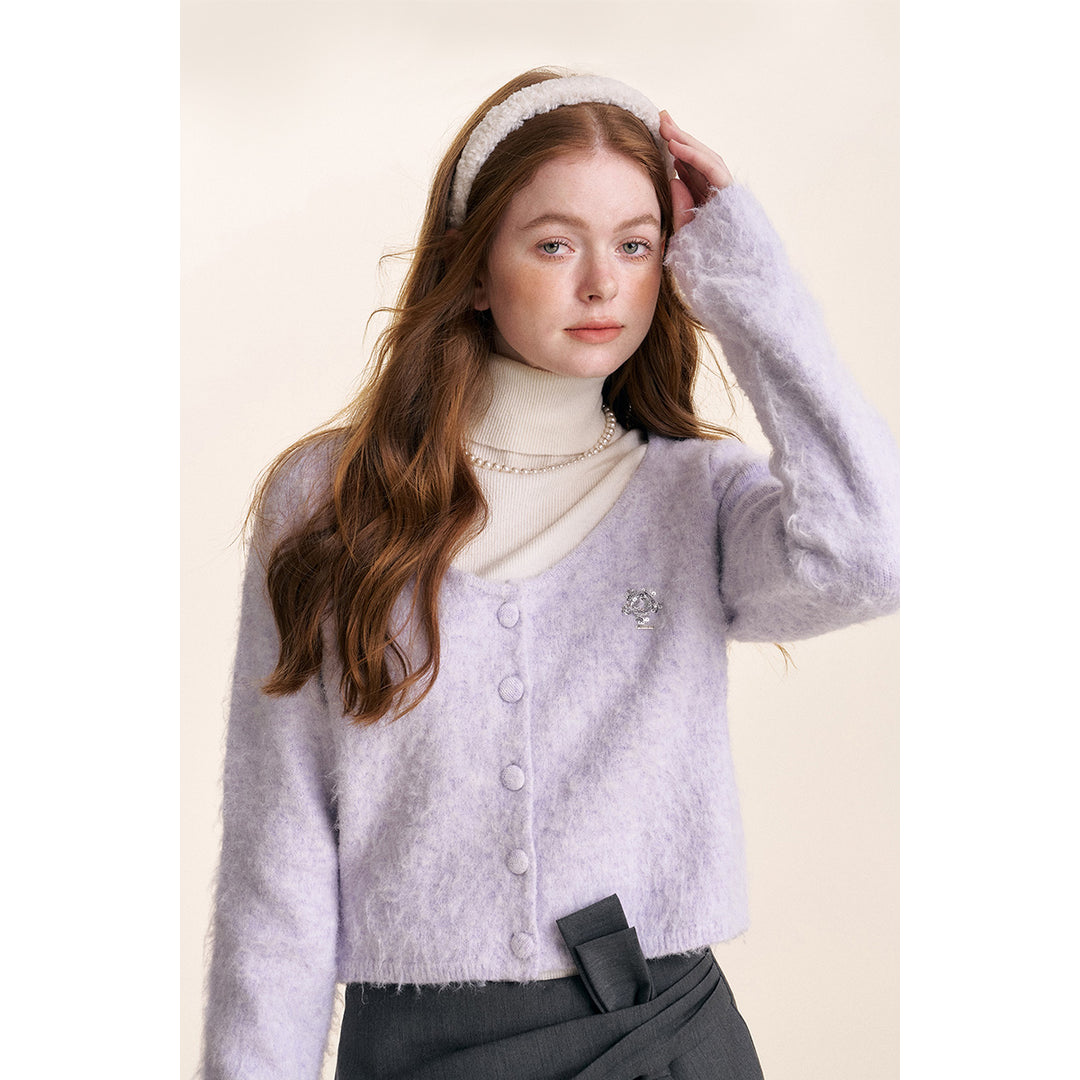 Kroche Sequin Embroidery U-Neck Woolen Cardigan Purple