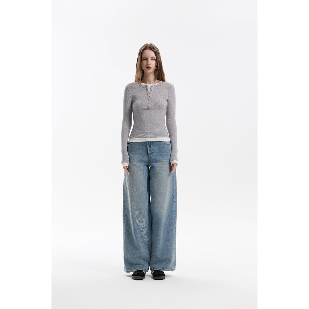 Three Quarters Hotfix Logo Loose Wide-Leg Jeans Blue