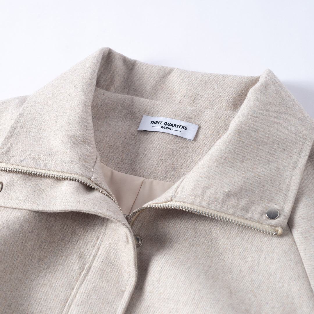 Three Quarters Stand Collar Woolen Jacket White - Mores Studio