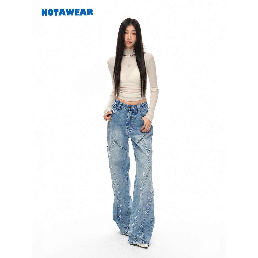 NotAwear Laser Hole Flower Straight-Leg Jeans - Mores Studio