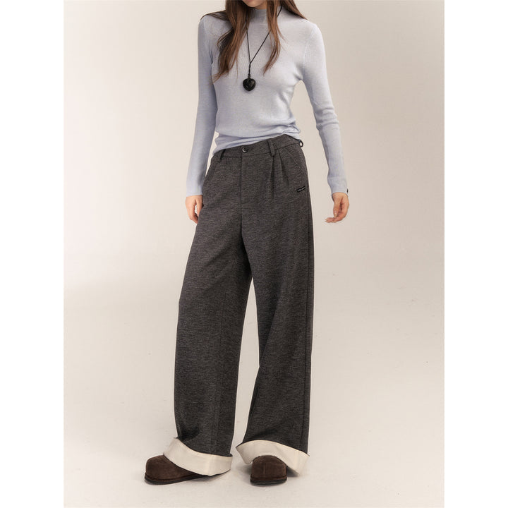 AsGony Color Blocked Turn Over Edge Casual Pants Dark Grey