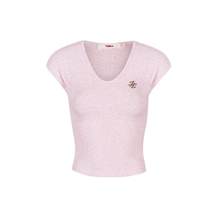 Liilou V-Neck Metal Logo Slim Top Pink