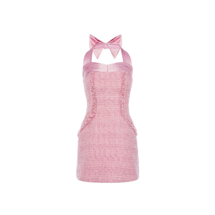 Rocha Roma Beaded Tweed Halterneck Dress Pink - Mores Studio
