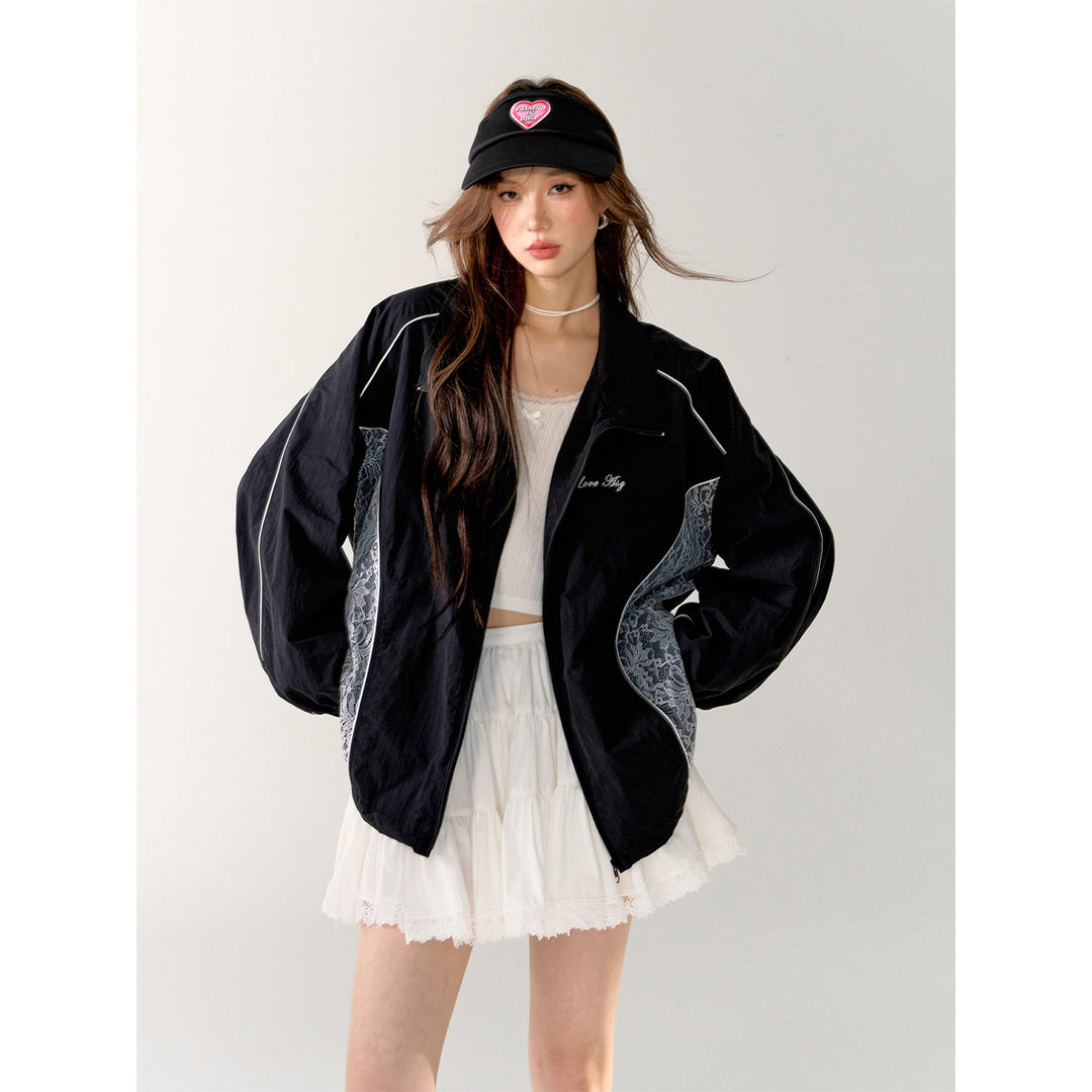 AsGony Retro Lace Applique Casual Jacket Black